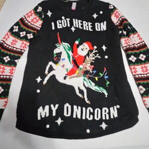No Boundaries Black Ugly Christmas Sweater Santa Riding Unicorn‎ Youth XXXL 3XL